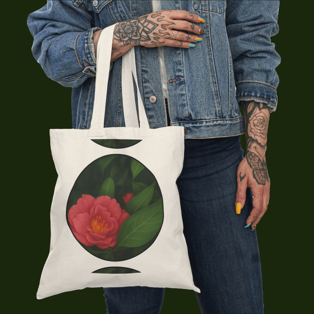 Floral Natural Tote Bag - Eco - Friendly Canvas Bag with Elegant Camellia Design - MoonShadow Creations