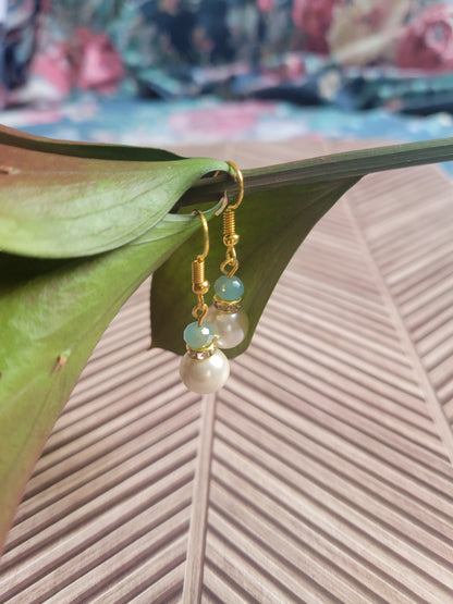 2 Bead Dangle Earrings With Large Pearl And Small Blue Stone